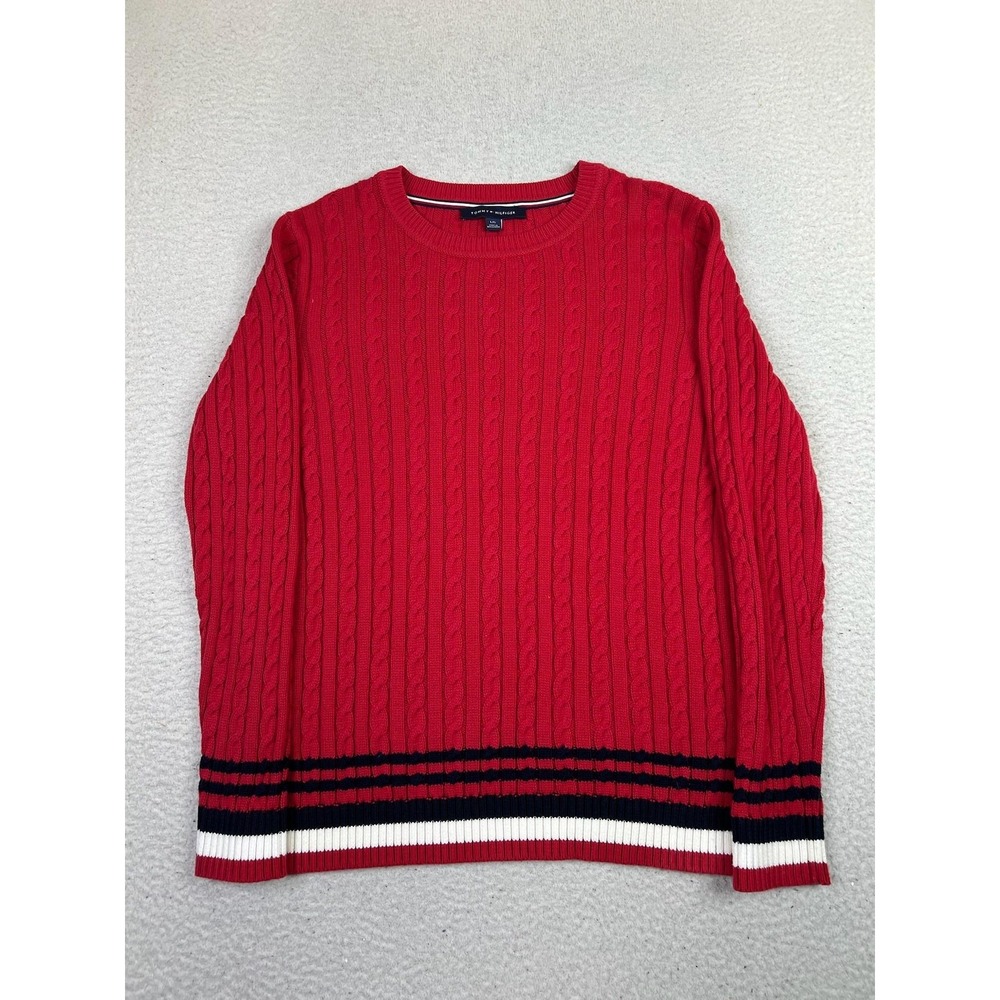 Tommy Hilfiger Sweater Womens Large Red Cable Knit Crewneck Signature Stripe Hem